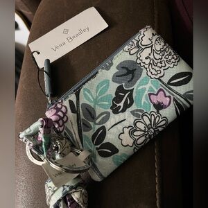 Vera Bradley Aqua Mint and Purple Floral Zip Wristlet ID Lanyard